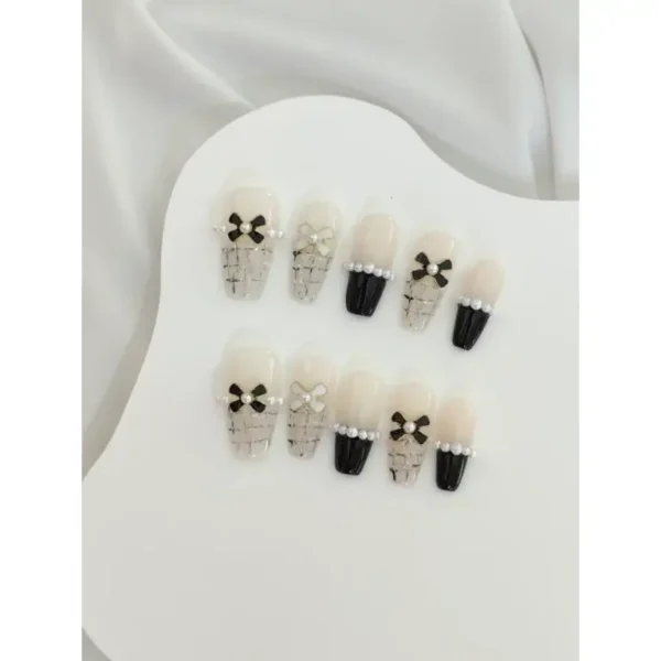  Handmade Cristal Maple leaf Coffin Flower Nails | Beige & Black Nails Press On with Charm - Readytonail