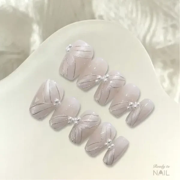 Pearly Flower White Coffin Nails | Handmade Trendy Medium Coffin Party Nails - Readytonail