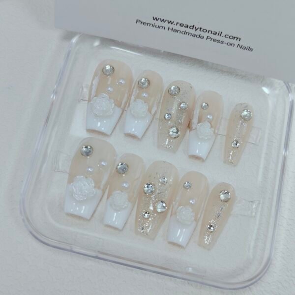 French Tips Nails with Camellia Charms Coffin Nails - Readytonail