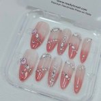 French Tips Ombre Almond Nails | Cherry Pink Diamond Embedded Bridal Nail Extensions | Elegant Press on Nails - Readytonail
