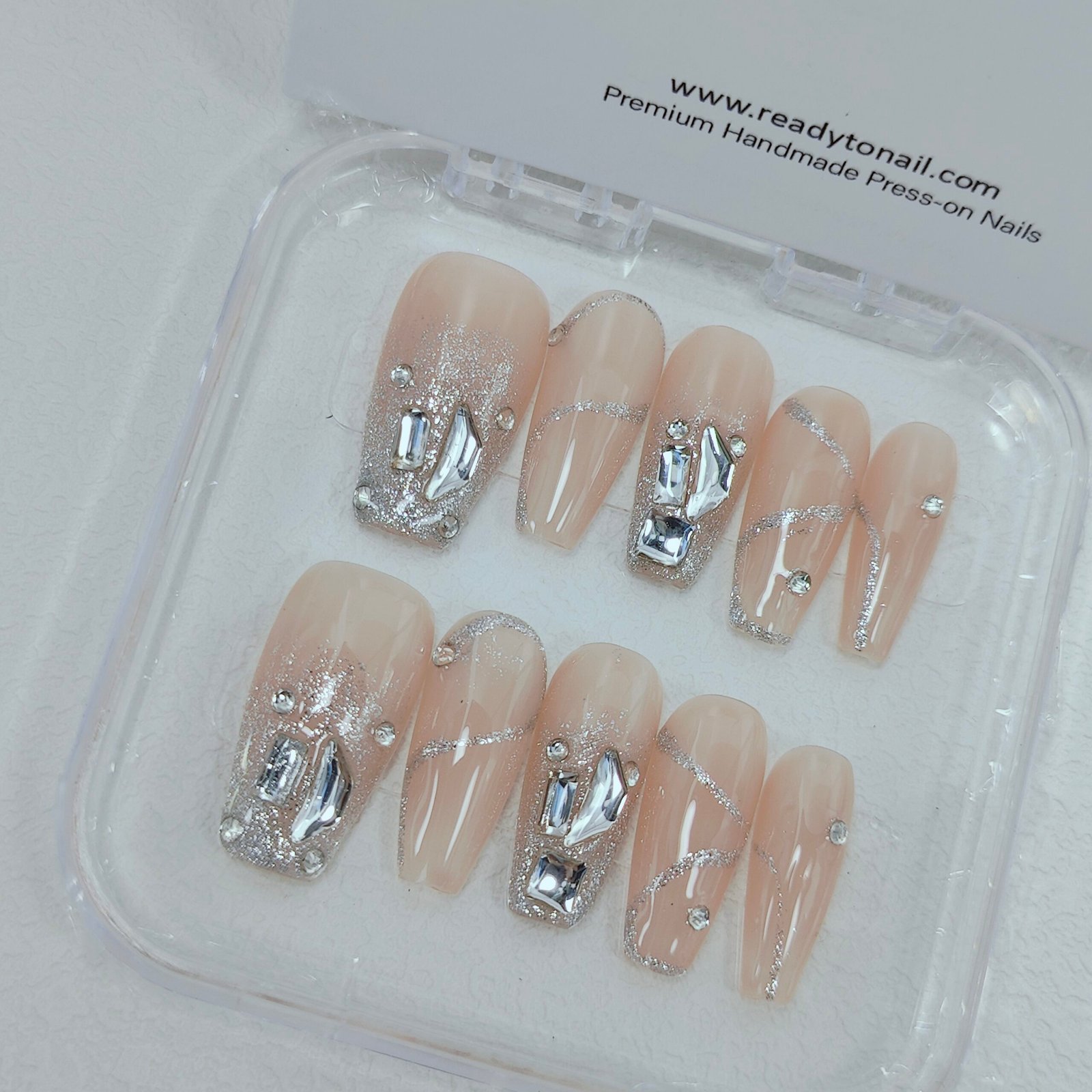 Peachy Diamond sparkly nails | Reusable Premium Sliver glitter Glossy coffin Nail extensions– Readytonail