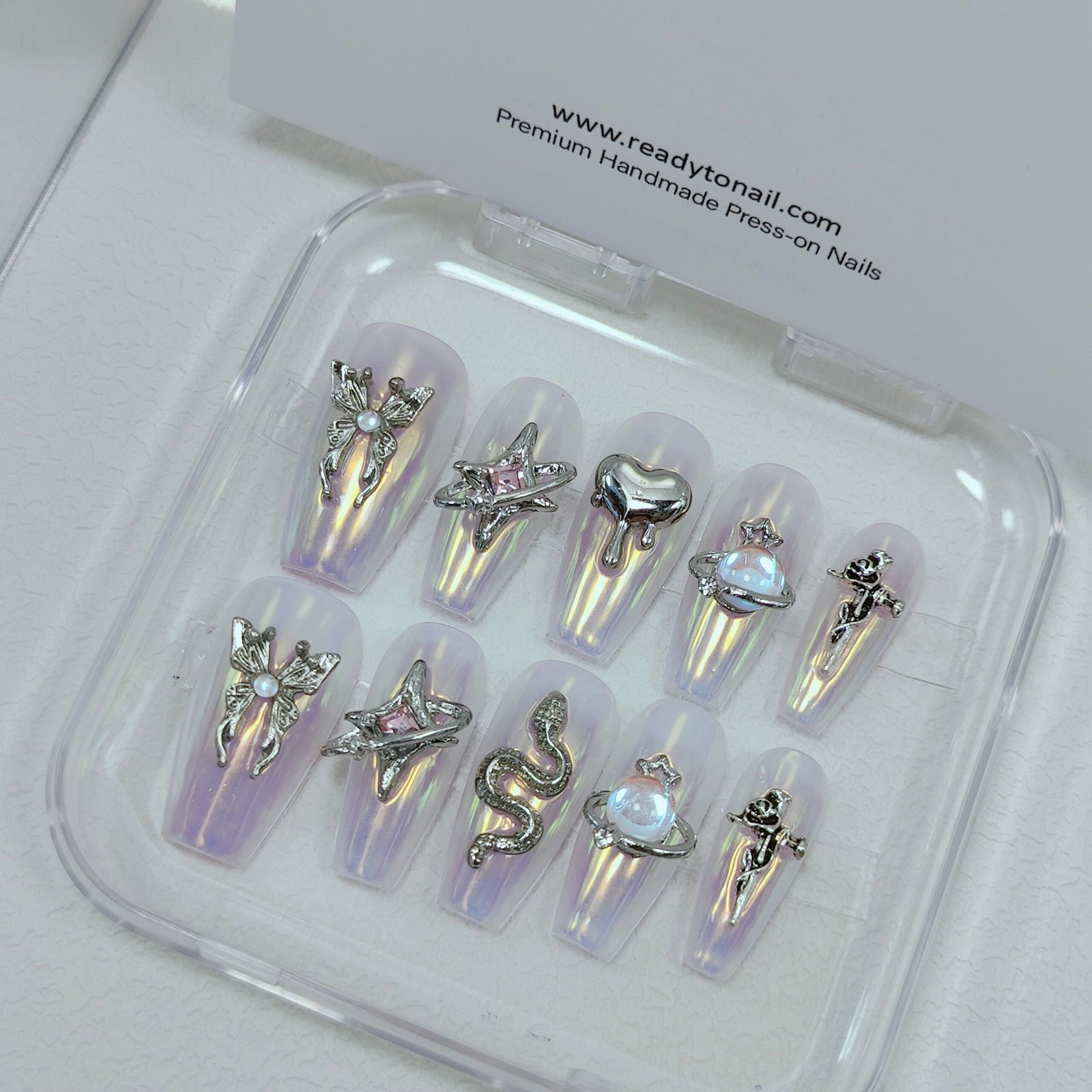 Pearl Chrome Charms Nails | White Purple Holographic Mirror Nail Extensions | Handmade 3D charms Coffin Press on Nails