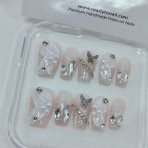 Pink 3D butterfly charms nails | Reusable Premium Sliver glitter handpainted bow coffin Nail extensions– Readytonail