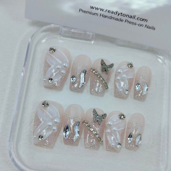 Pink 3D butterfly charms nails | Reusable Premium Sliver glitter handpainted bow coffin Nail extensions– Readytonail