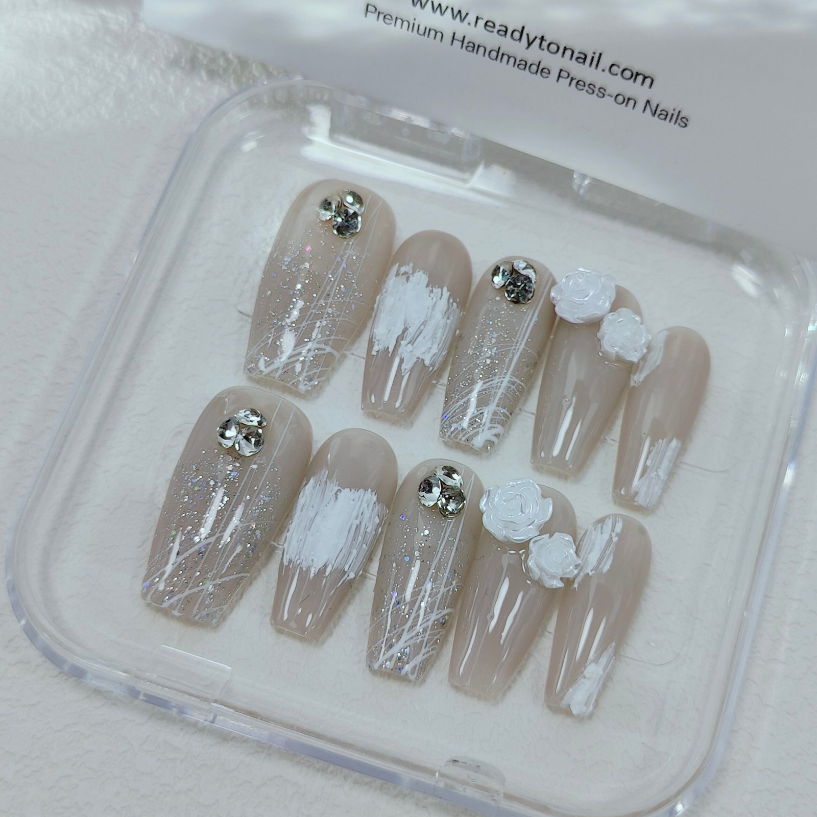 Grey Silver Glitter nails Handmade with Camellia Charms Glamor Nail extensions