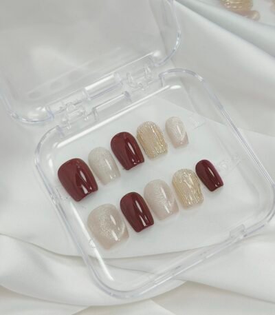 Exclusive Design Dark Red Nails white champage Cat eye - Readytonail