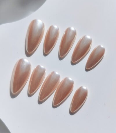 Pearlescent Shell Chrome White Pink Almond Nail UAE