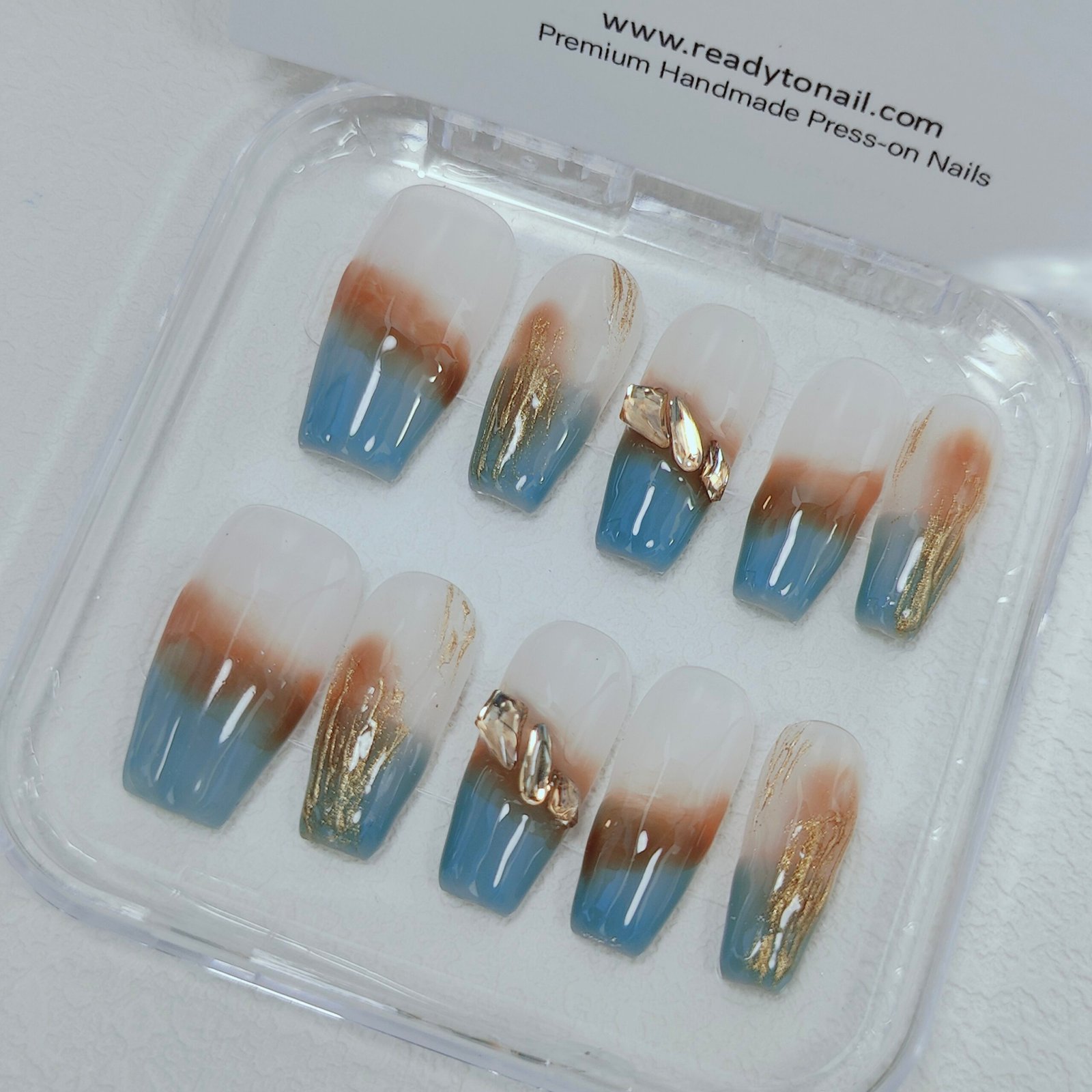 Blue Green Glossy White Hand smudge Gold stoke Coffin Nail Extensions