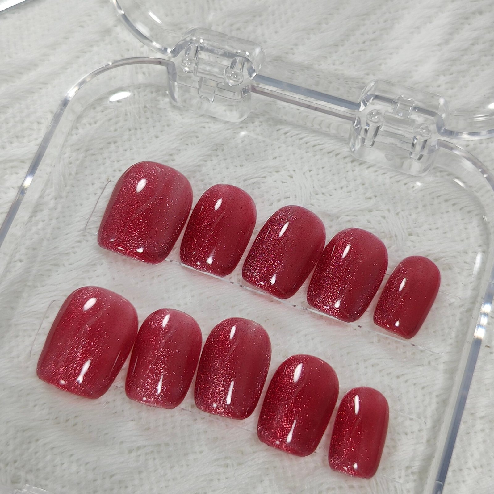 raspberry color velvet cat eye short coffin press on nails