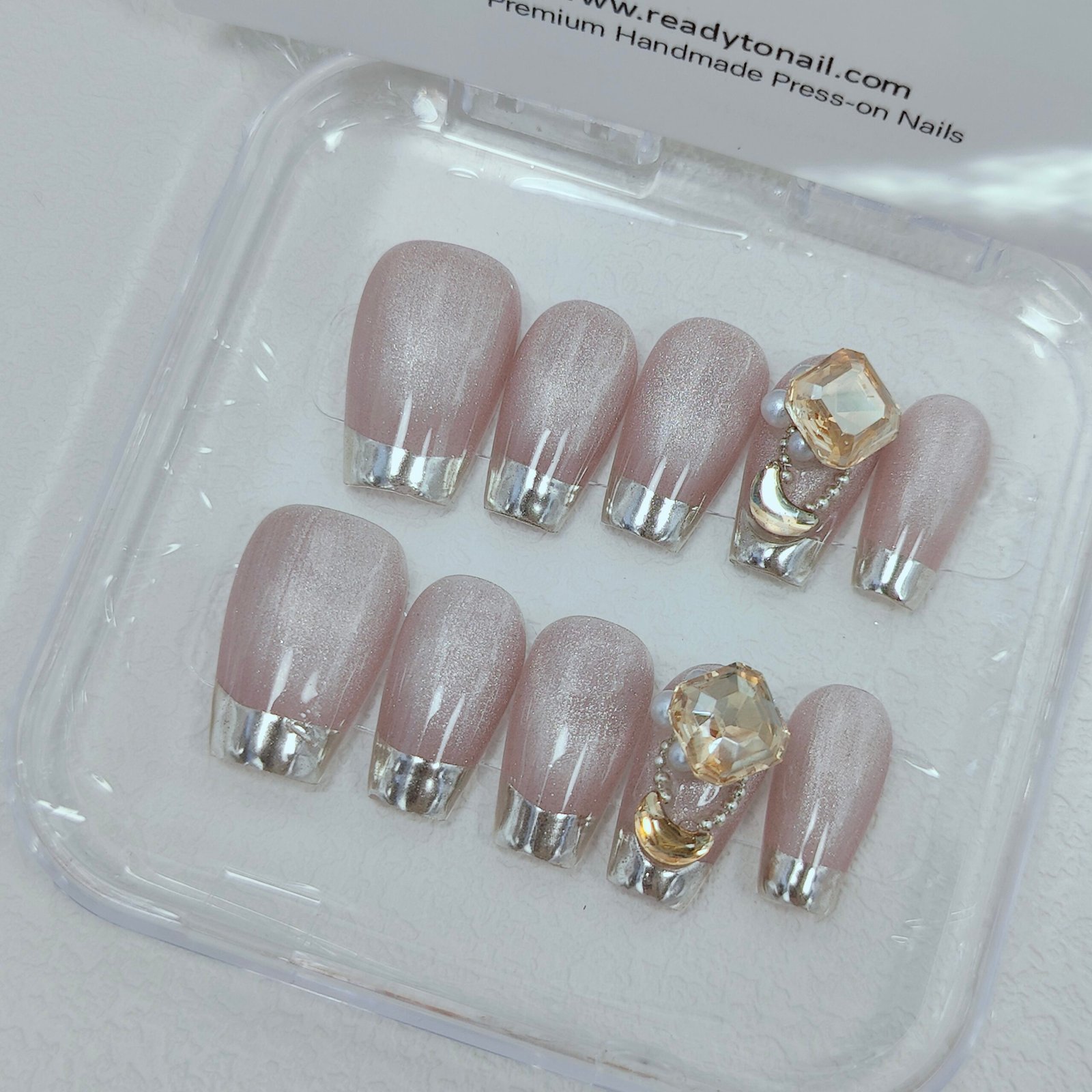 Rosy Champagnion Radiant Glossy Cat eye Golden French Tips Premium Coffin Press on Nails Ready to wear nail extensions