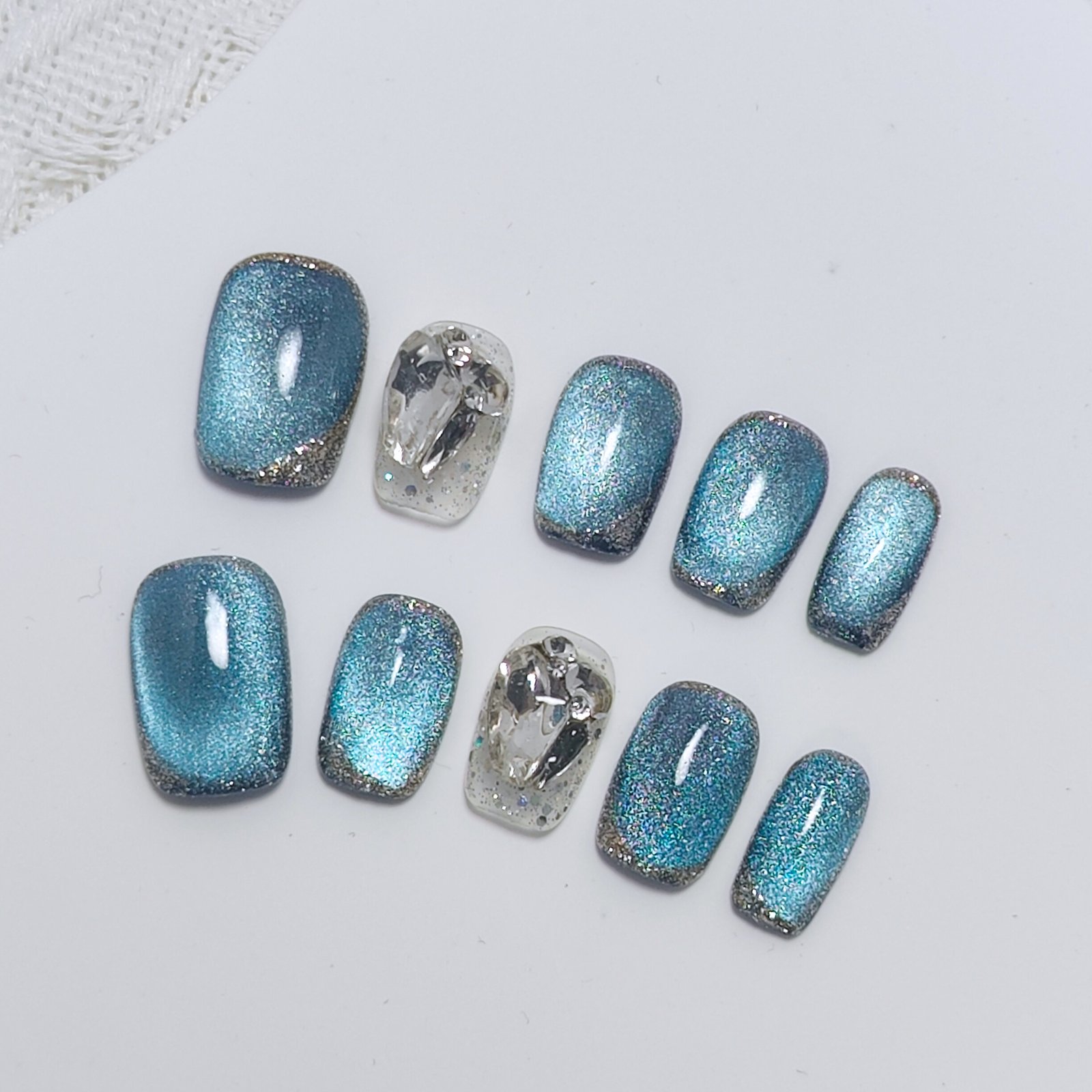 Sparkly Lake Baikal Blue Diamond Nails Luxury Handmade Blue Press on nails