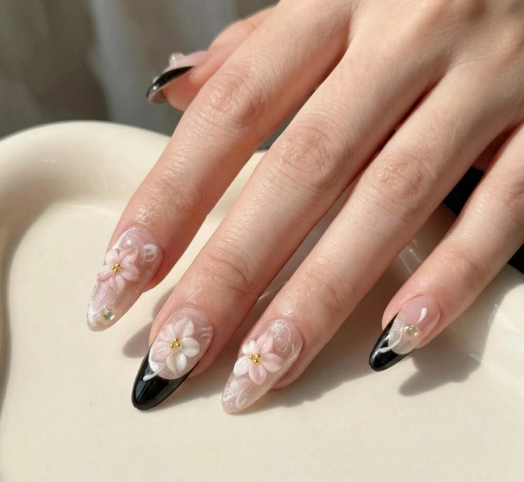 3D flower almond handmade press ons