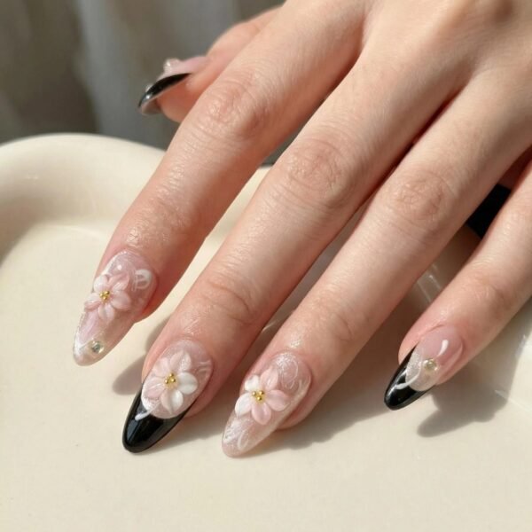 3D flower almond handmade press ons