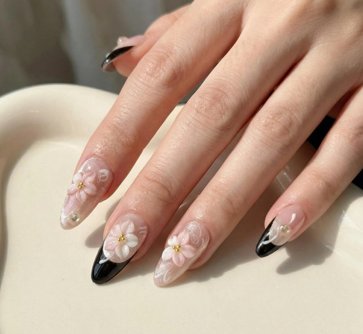 3D flower almond handmade press ons