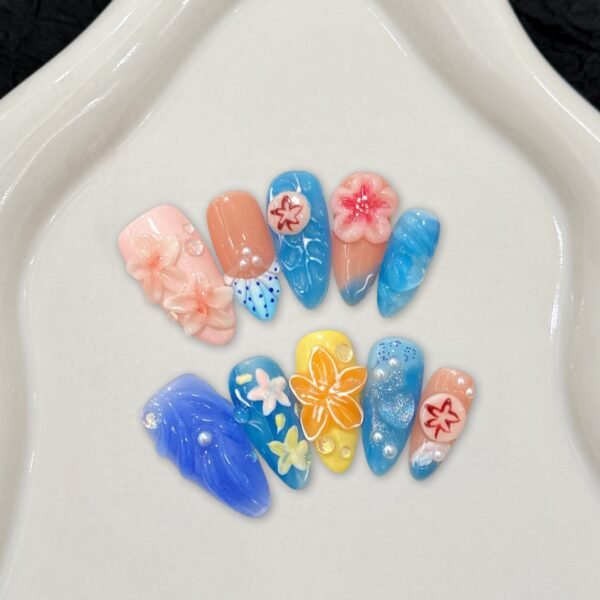 Handmade ocean inspired press-on nails with 3D flowers colorful almond shape summer nail design