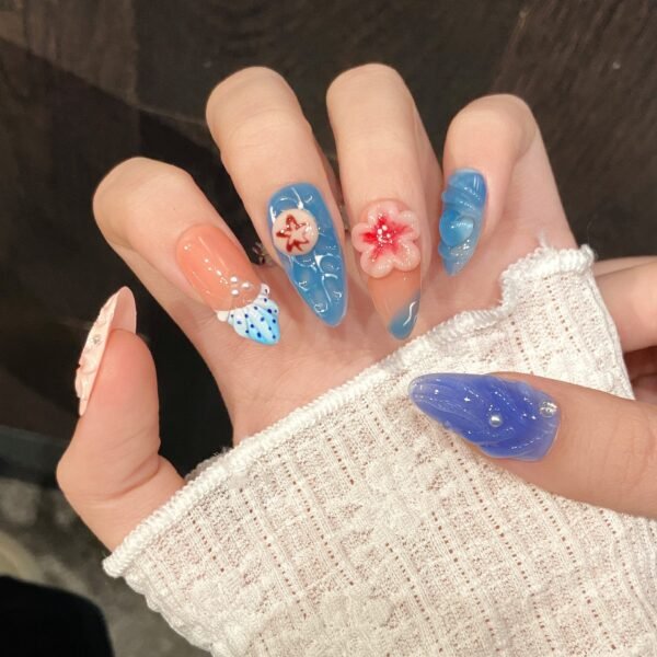 Handmade ocean inspired press-on nails with 3D flowers colorful almond shape summer nail design