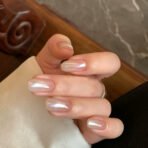Hailey pearl press-on nails short oval milky nude glazed pearlescent gradient handmade design
