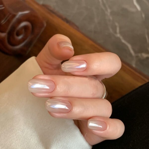 Hailey pearl press-on nails short oval milky nude glazed pearlescent gradient handmade design