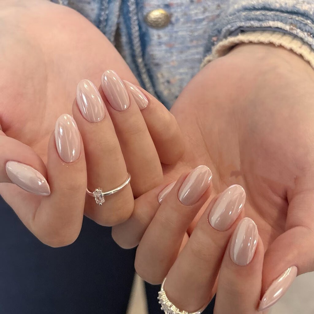 Nude glossy press-on nails oval shape natural beige pink high shine handmade design