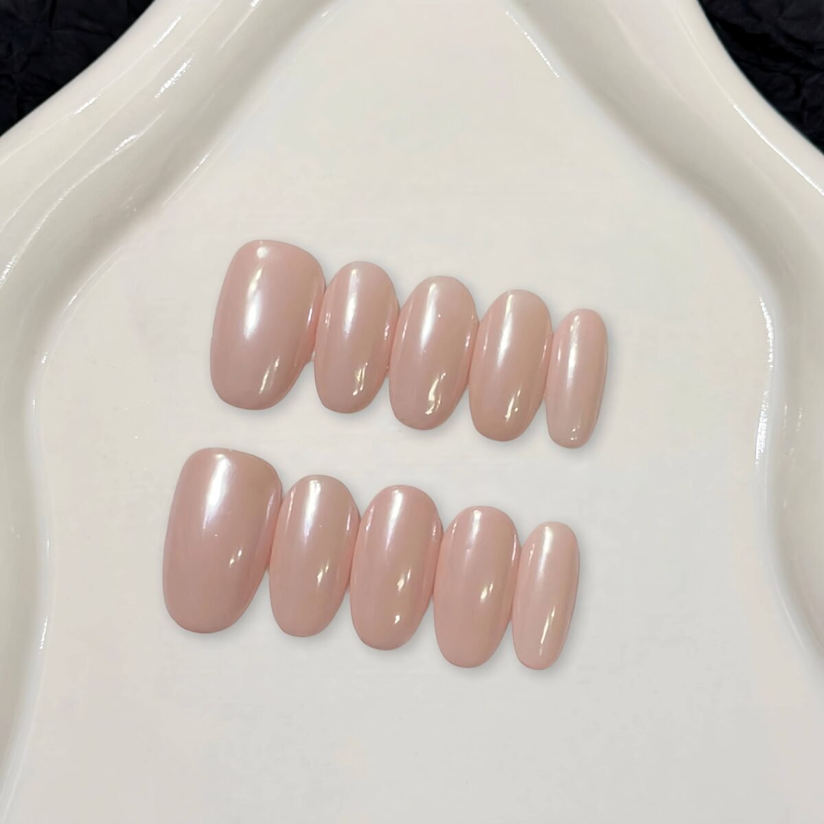 Nude glossy press-on nails oval shape natural beige pink high shine handmade design