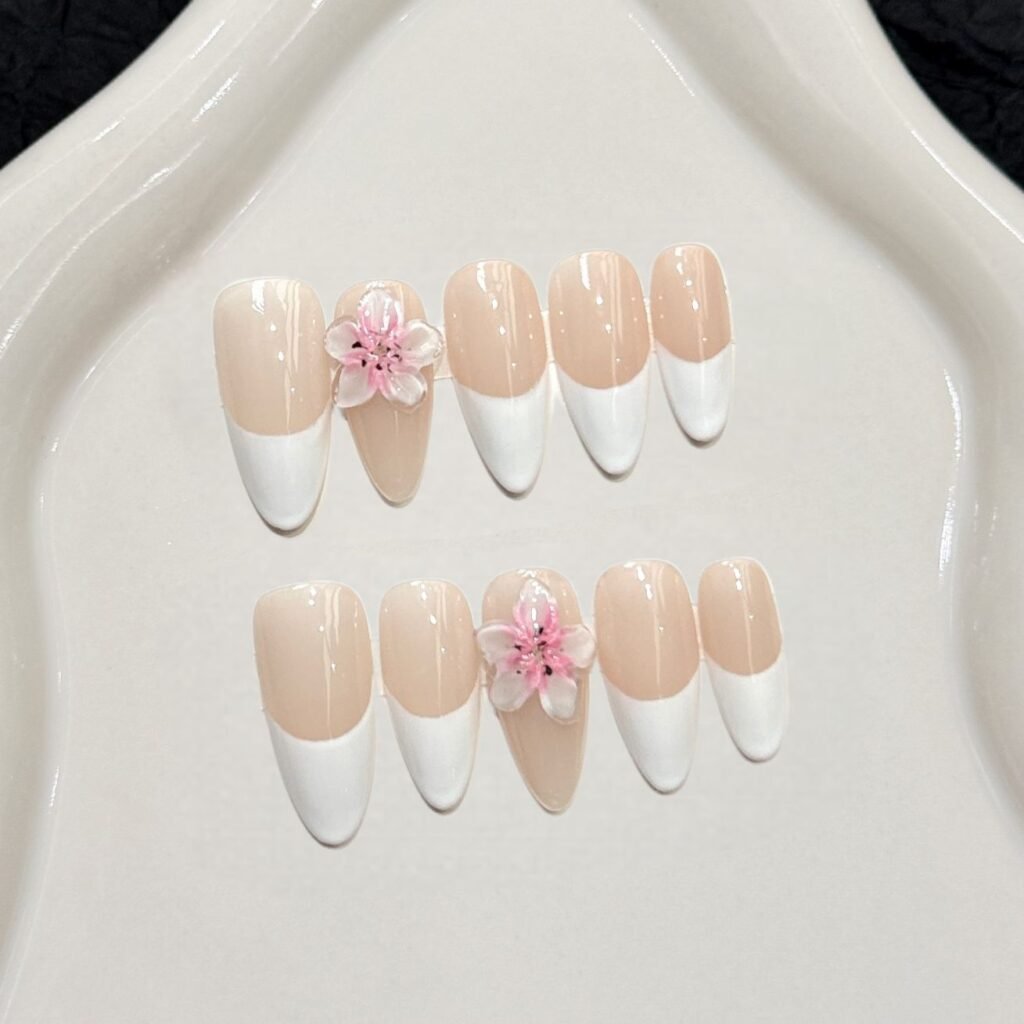 French tip press-on nails almond shape nude base white tips with 3D flower handmade design