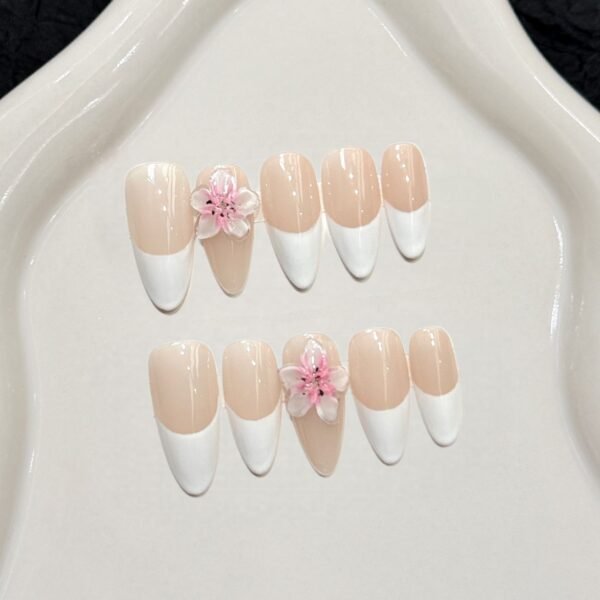French tip press-on nails almond shape nude base white tips with 3D flower handmade design